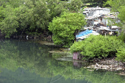 Norman Grindley /Deputy Chief Photographer 
The Duhaney river is rising near to sevral homes in New Heaven in St. Andrew yesterday.